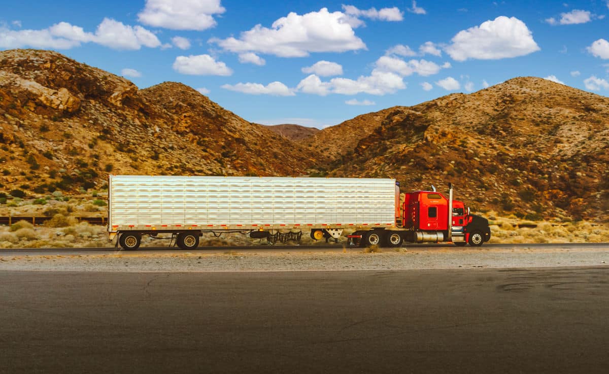 Large semi truck parked along the side of the highway with partial truckload shipments inside the trailer. Hills and blue sky in the background of the truck.